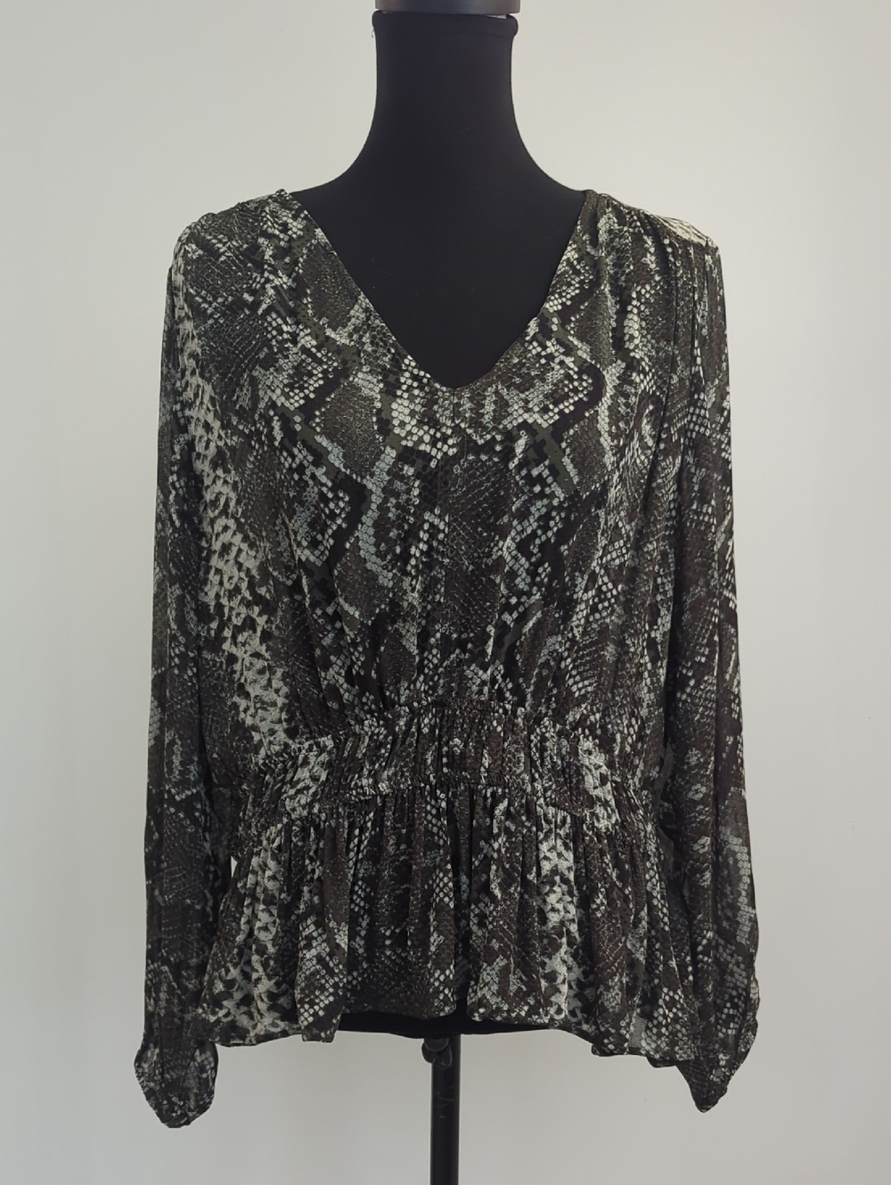 H&M Snakeskin Print V-Neck Peplum Blouse Smocked Waist Olive Green Long Sleeve